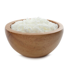 Soy wax in wooden bowl isolated on white