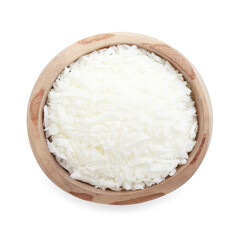Soy wax in bowl isolated on white, top view