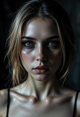 a close up of a woman looking evil