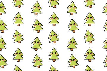 Seamless pattern with cute kawaii green outline christmas tree. Vector clipart for baby, kids game. Kawaii characters for children fabric isolated on white background