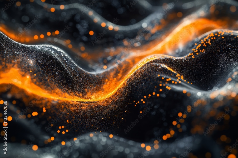Poster dynamic flow of orange and silver waves with luminous particles on a dark abstract background