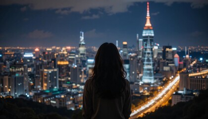 Obraz na płótnie Canvas Back view of an executive business woman looking at the city skyline with skyscrapers during sunset with a dramatic sky, successful businesswoman concept background