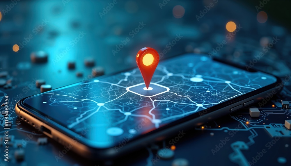 Poster modern mobile device displays detailed urban map. highlighted geofencing area, location pin visible.