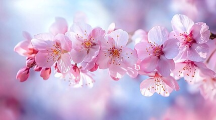 Fototapeta premium Delicate pink cherry blossoms on a branch against a soft blue sky.