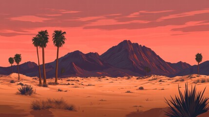 Desert Sunset Landscape with Palm Trees