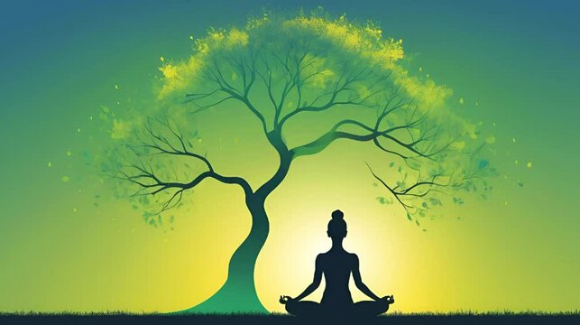 A vector design of silhouette of a woman doing yoga under a tree 