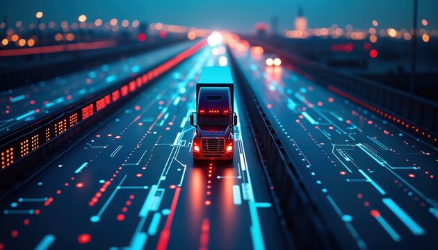 Futuristic highway shows tech integration. Semi truck drives on illuminated road. Data streams glow in blue, red. Smart logistics concept. Modern tech, transportation intersect. Future of delivery.