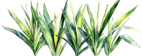 Fototapeta premium A vibrant watercolor illustration of green and yellow-striped leaves, depicting a lush plant arrangement in a natural setting.