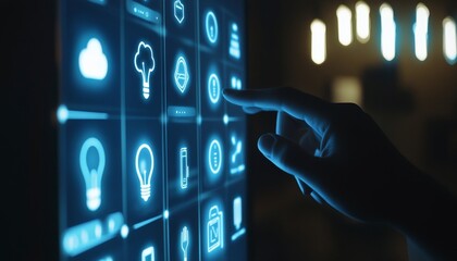 Interactive touch screen showcasing smart home icons and cloud connectivity for modern living spaces