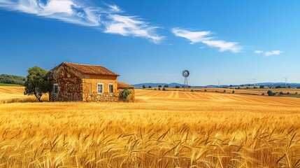 Rustic Stone Farmhouse in Golden Wheat Field with Windmills
