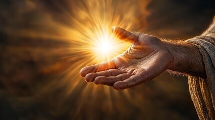 Jesus' Compassionate Invitation: A Serene Image of His Hand Extending Against a Golden Sunset Background