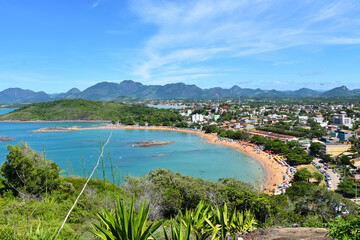 Tropical sandy beach with blue water in Guarapari in the state of Espirito Santo in Brazil