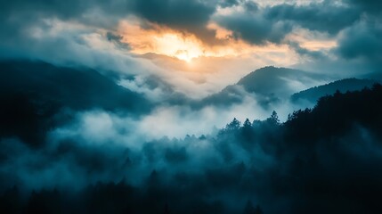 Fototapeta premium Misty Mountain Sunset Landscape