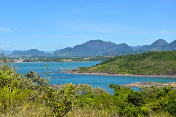 Tropical sandy beach with blue water in Guarapari in the state of Espirito Santo in Brazil