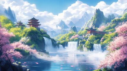 A picturesque scene of an ancient Chinese landscape, featuring misty mountains and cascading waterfalls surrounded by lush greenery and blooming cherry blossoms