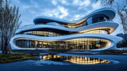 Obraz premium Curving architectural marvel at dusk, reflecting in a tranquil pond.