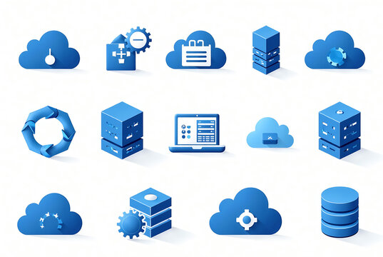 Web hosting icon set. Containing cloud computing, server, domain, firewall, internet, FTP, database, SSL, data hosting and more. Solid vector icons collection.