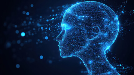 A blue digital human head composed of glowing lines, close-up side view