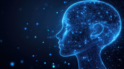 Obraz premium A blue digital human head composed of glowing lines, close-up side view