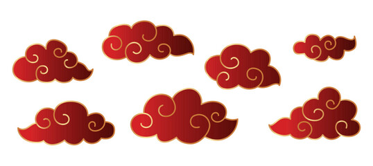 Collection of traditional Chinese or Japanese clouds in red and gold colors. Decorations for Chinese New Year. White background.