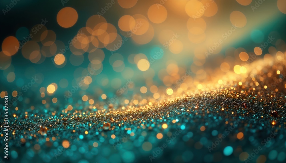 Poster glitter texture background shows sparkles, lights. warm golden lights blend with cool teal tones. ab