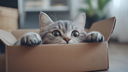 Cute grey tabby cat in a cardboard box at home
