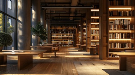 Obraz premium Serene Modern Library with Warm Lighting and Wooden Bookshelves