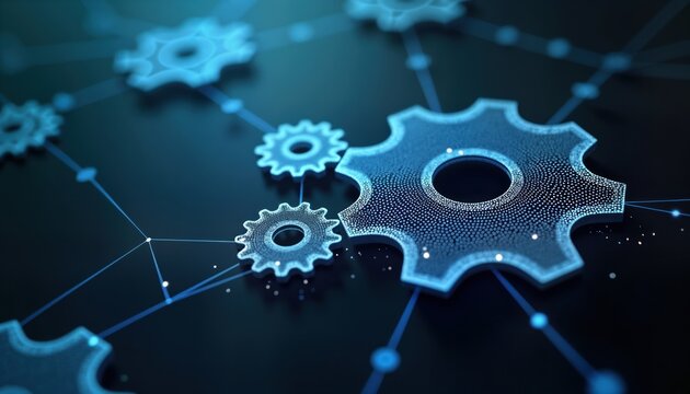 Abstract digital gear wheels on dark background. Interconnected polygonal mesh, dotted lines create 3D effect. Modern tech design. Futuristic mechanical machine engineering. Innovation, cyber tech