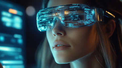 Close-up of a woman wearing futuristic augmented reality glasses while looking at digital data on a virtual screen