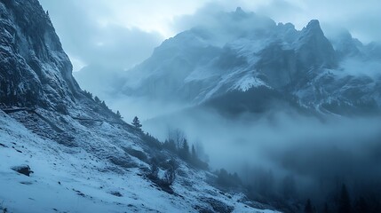 Misty Mountain Peaks in Winter. Majestic Winter Landscape.