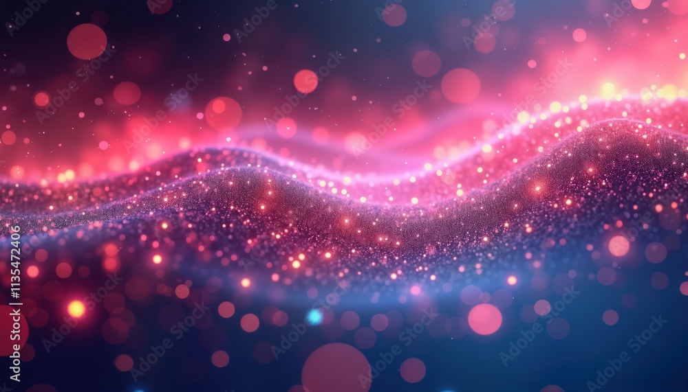 Aufkleber Abstract digital design with vibrant pink, purple glowing particles. Wavy forms create dynamic visual effect. Glittering particles in foreground, soft bokeh effects in background. Modern tech style