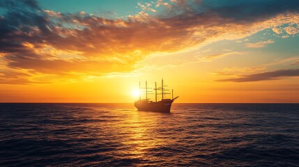 Vintage Ship at Sunset.  Adventure, Exploration, and Nautical Concept.