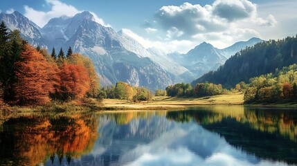 Autumnal Mountain Lake Landscape. Tranquil Nature Scene.