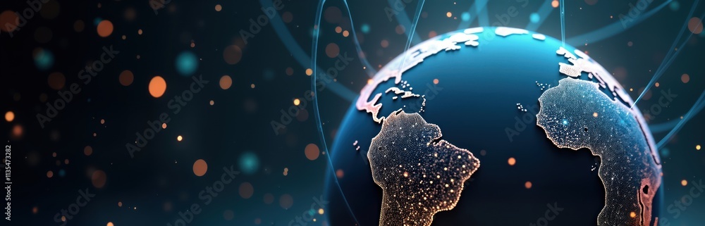 Poster Global tech illustration. 3D model of Earth with glowing dots representing data transfer, global communication. Lines connect continents showing bandwidth connectivity. Visual representation of