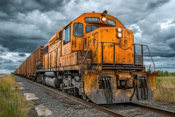 Obraz premium Rusty Orange Freight Train Under Stormy Sky