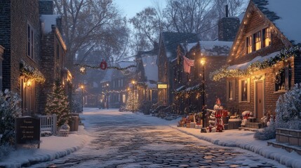 Fototapeta premium Snowy Christmas village street at night with cozy houses and warm lights.