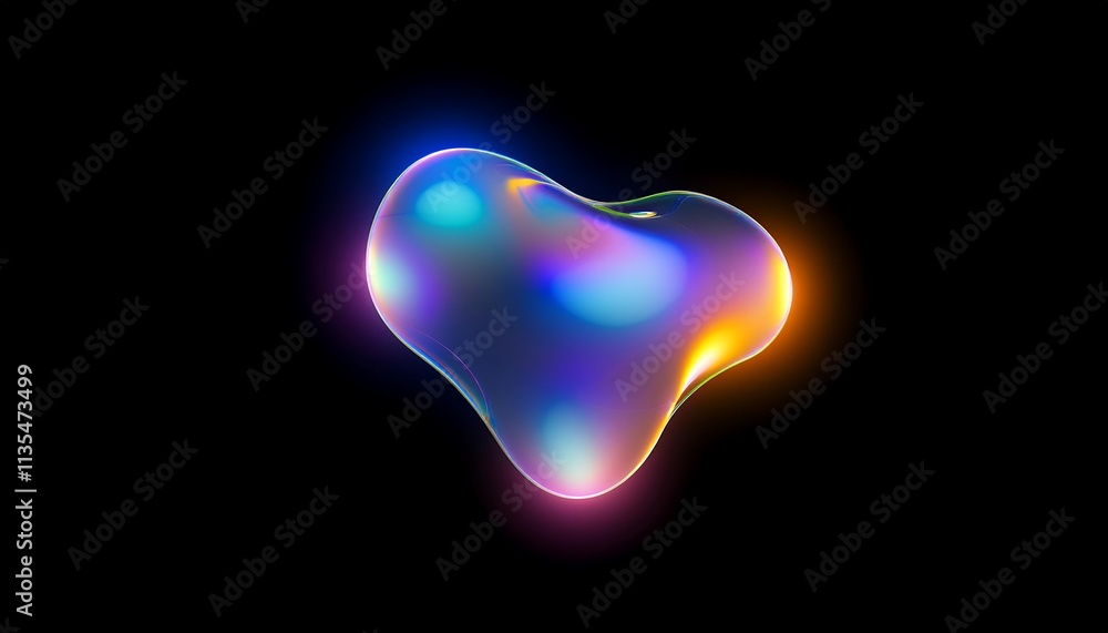 Fototapete 3d chrome holographic fluid shapes and stars. Abstract liquid mercury metallic icon. 3d rendering aluminum gradient shape design . Brutalist futuristic style, melted substance on black background