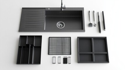 Modern kitchen sink with accessories.