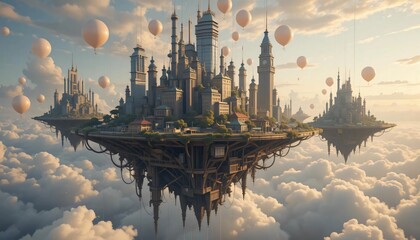 Naklejka premium Landscape floating island city in cloud sky fantasy light beautiful. Floating Islands. Illustration