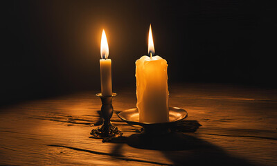 Rusty iron candlestick sitting on a weathered wooden table in a stone room chiaroscuro style