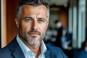 Obraz premium Confident businessman with grey hair and beard wearing suit in office setting