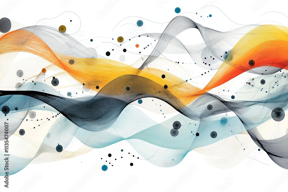 Poster abstract depiction of flowing waves with connected nodes representing data and network connections