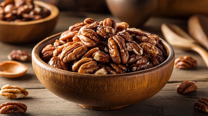 Obraz premium Pecans in wooden bowl. Healthy snack, nuts, food, ingredient.