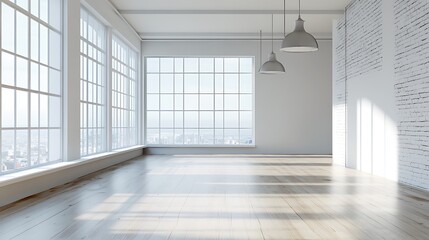 Empty Modern Loft Space with Large Windows. Concept of Minimalism, Modern Design, and Spaciousness.