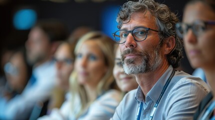 Fototapeta premium A diverse group of professionals attentively engaged in a thought-provoking conference, showcasing a blend of attentiveness and intellectual collaboration in a modern business environment
