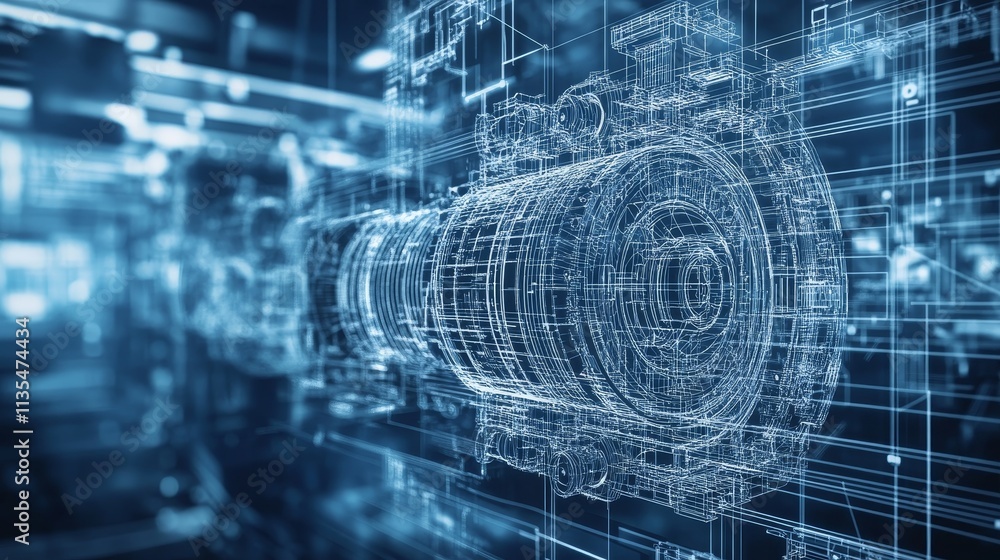 Poster intricate blueprint of an industrial engine with complex designs and advanced machinery background