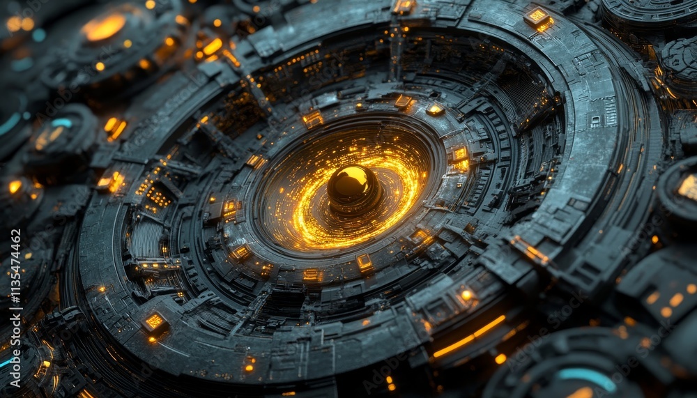 Poster intricate black and teal circular time machine with cosmic patterns and glowing yellow lights