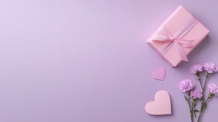 Obraz premium Mother's Day Gift Idea: Pink Present Boxes with Flowers and Hearts on Pastel Purple Background - Space for Ad Text