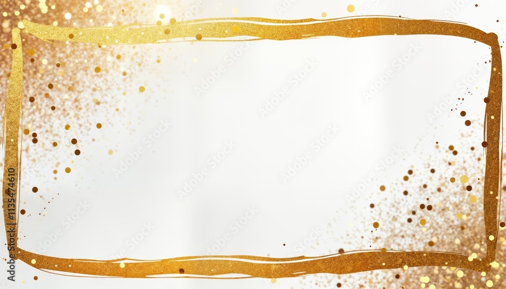 Poster Golden frame with sparkles on white background. Gold brushstrokes form a border. Glittery effect. Elegant design suitable for various uses. Premium quality image for graphic design projects.