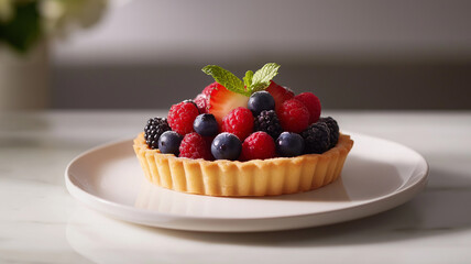 Delicious berry tart dessert on white plate